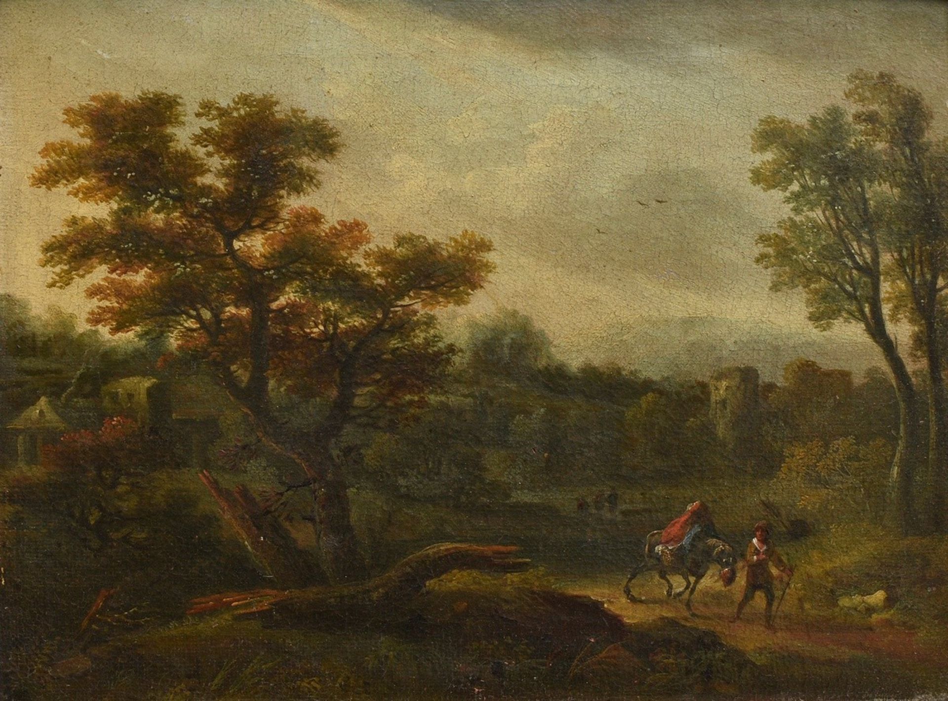 Pair of paintings by an unknown artist of the 18th c. "Landscapes with staffage of persons", oil/ca - Image 6 of 7