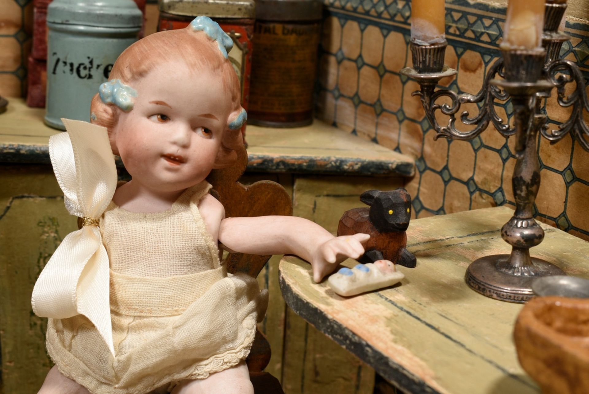 Wilhelminian period doll's kitchen with rich interior, metal cooker, earthenware and porcelain, pew - Image 13 of 18