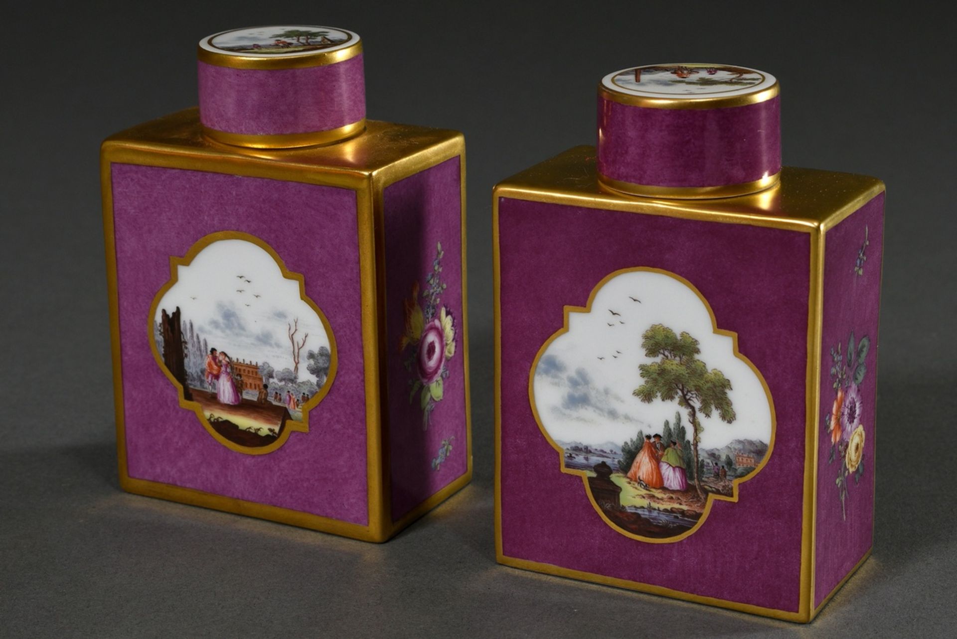 Pair of Meissen tea caddies after an old model with polychrome painting "landscapes with figures st