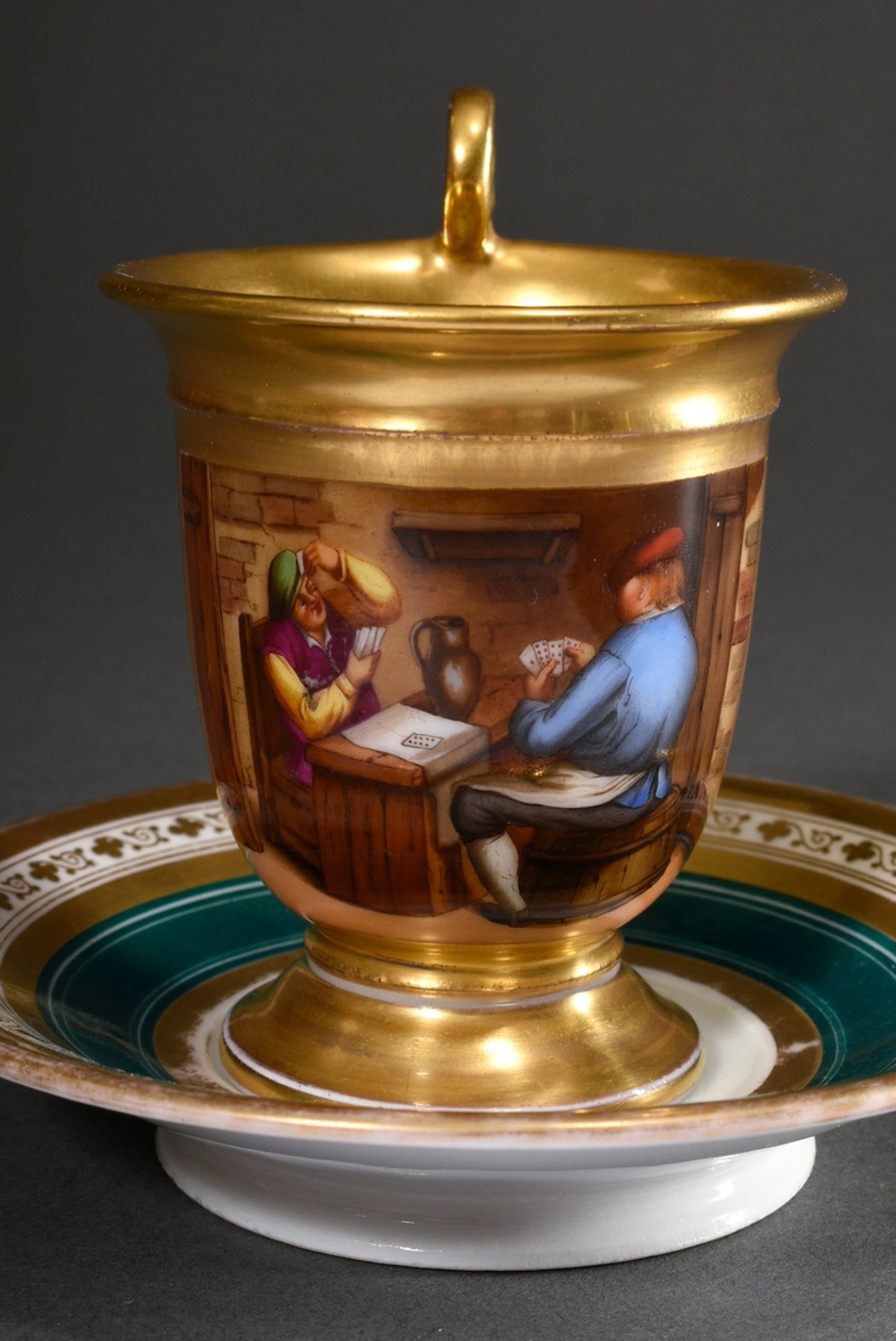Biedermeier cup with painted cartouche "Card Player" on dark green background with floral and gold  - Image 3 of 5