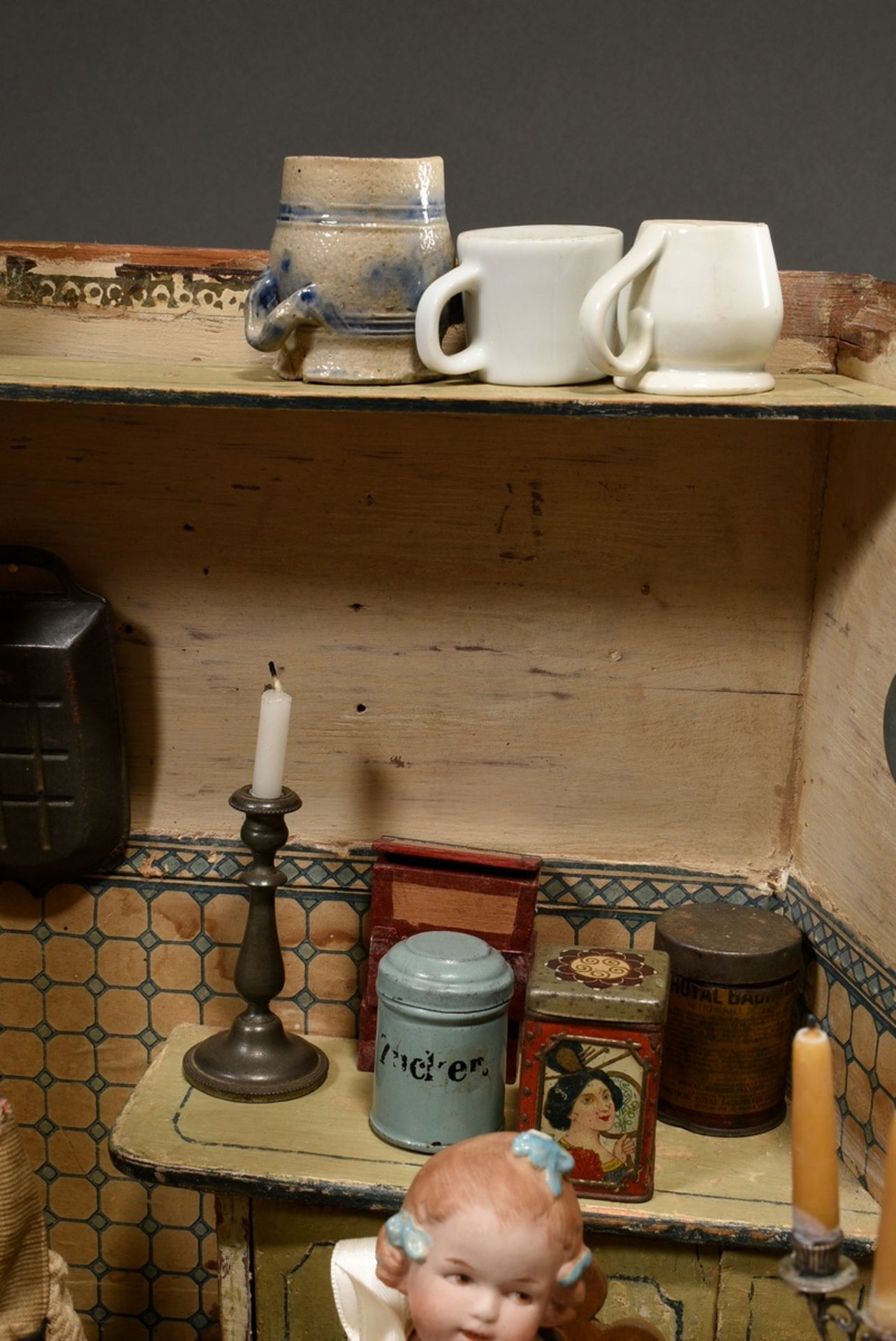 Wilhelminian period doll's kitchen with rich interior, metal cooker, earthenware and porcelain, pew - Image 11 of 18
