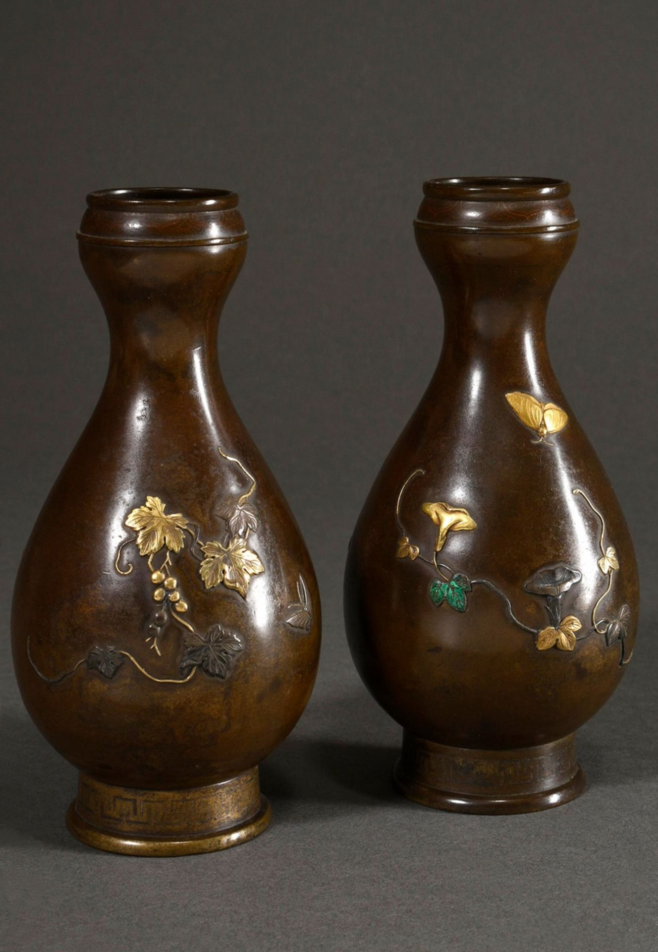 Pair of fine Japanese baluster vases with shakudo decorations "morning glory blossoms and moth" and