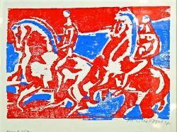 UNBEKANNT "Zwei Reiter, Holzschnitt in Blau und Rot"