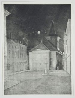 KARCHER, Tutilo, Die kleine Kirche am Handelshof in Karlsruhe, Radierung, 1972/74