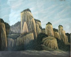 POLITZER Franz (1950 Wien) "Der Steinbruch", erhabene Felsen, teilweise bewaldet, blauer Himmel, Fa