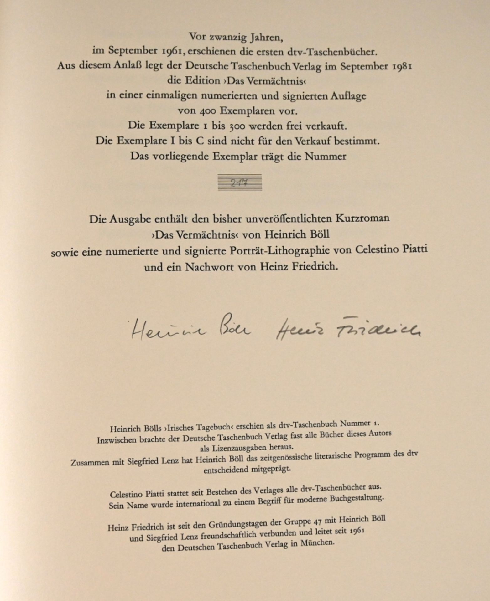 BÖLL Heinrich "Das Vermächtnis", Kurzroman mit einer Portrait-Lithographie von PIATTI Celestino (19 - Image 5 of 5