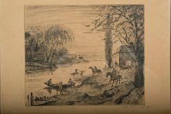 MÜNCH-KEH Willi „Feierabend“, Radierung, Schiffer und Rossknechte in der Flussaue nach getaner Arbe