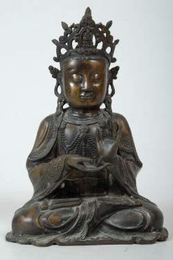 BUDDHA-FIGUR, Bronze, H: 37cm, schöne Buddha Bronzefigur im Schneidersitz, ein Mudra formend