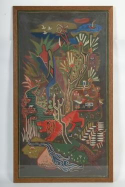 UNBEKANNT, Entwurf eines Wandteppichs, buntes Landschaftsbild mit rotem Löwe, Vögeln und abstrakten