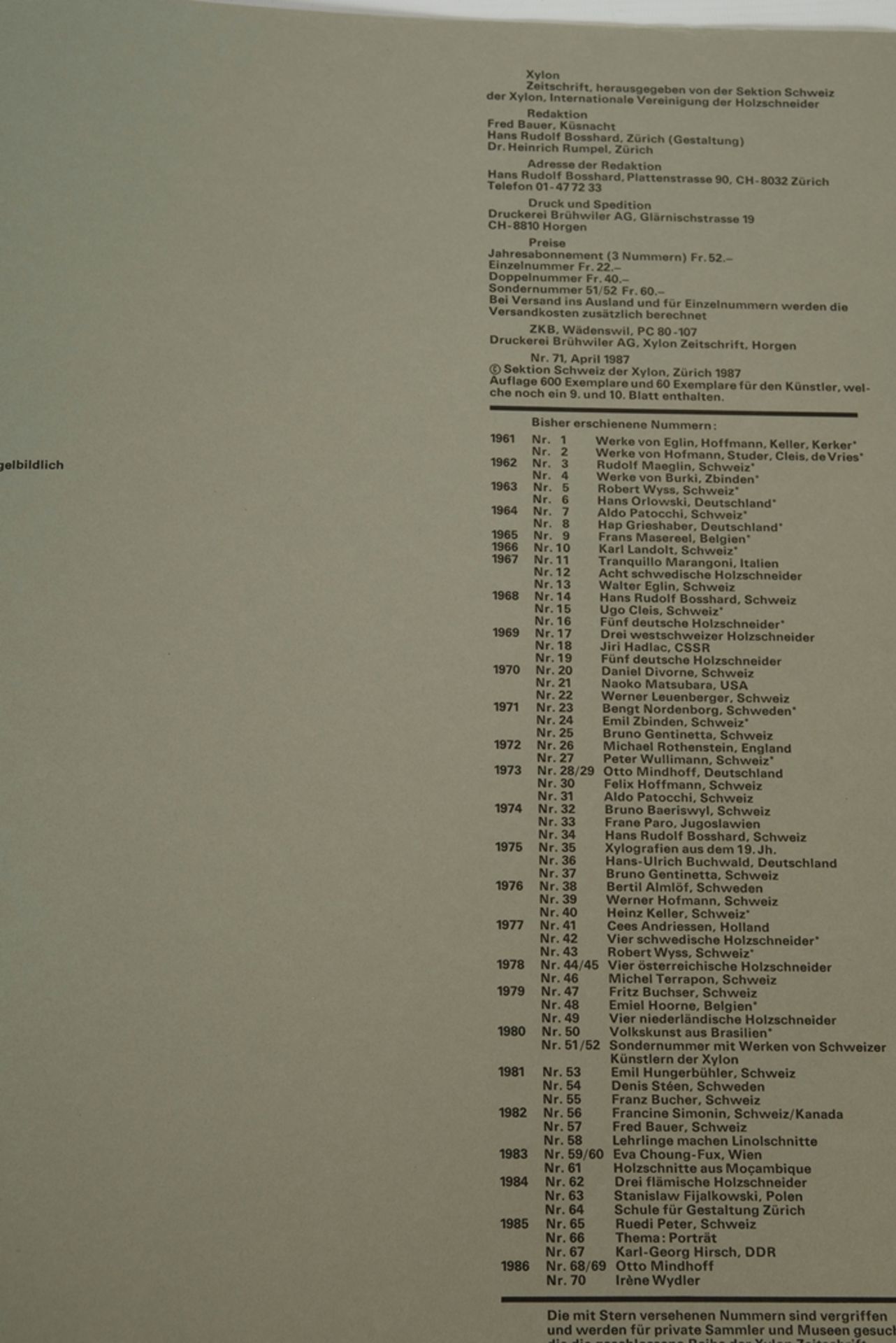 BEYERLE Burkhart (1930) "Xylon 71", Nr. 71, April 1987, Zürich, 8 Blätter, Holzschnitt, 1 Schrift ' - Bild 6 aus 7