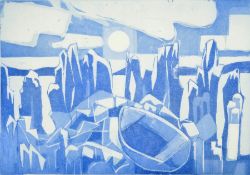 OSSWALD Karl (1925-1972), Sonnenuntergang am See (1966), Aquatinta, Nachlass-Stempel, Farbstudie bl