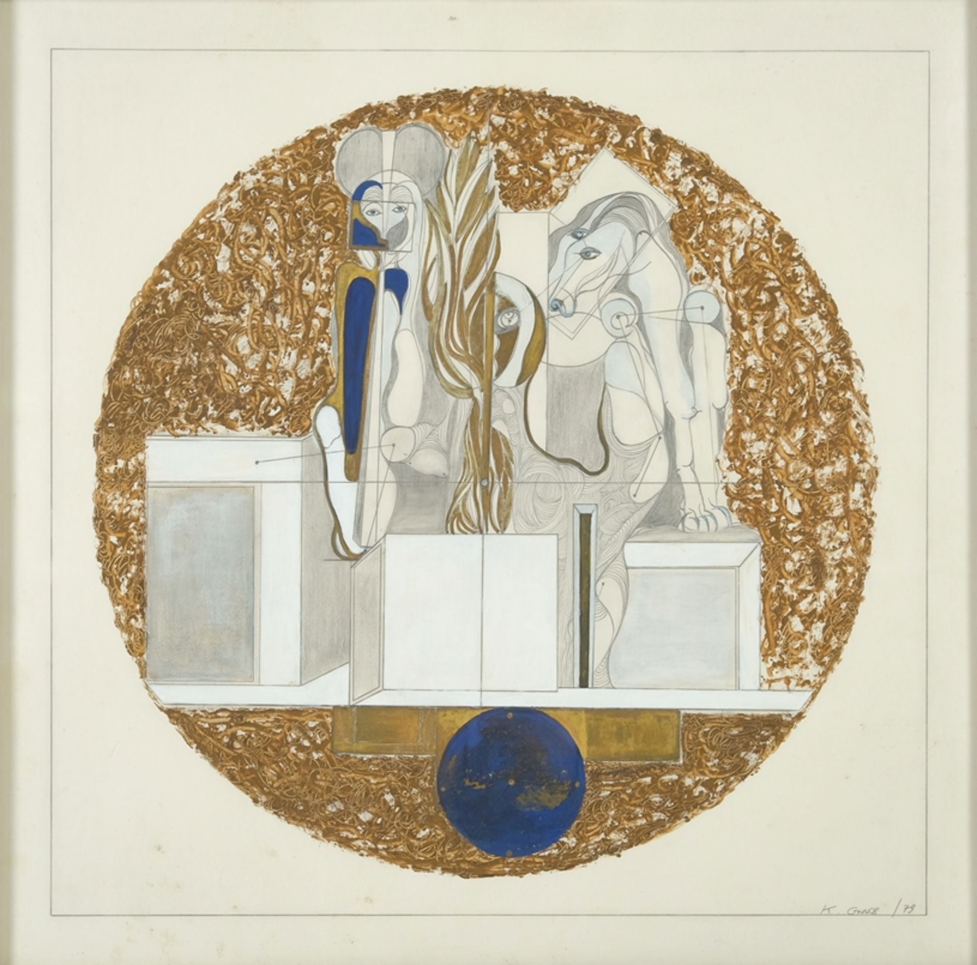 GROSS K., "Surrealistische und geometrische Zeichnung" von Mensch und Pferd, Weiß, Gold und Blau, s