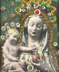 KLOSTERARBEIT collagierte Darstellung von Maria Mutter Gottes mit dem Jesuskind auf ihrem rechten A