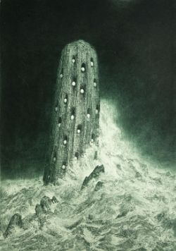 BRUNOVSKY Albin "The Drunken Boat I.", tosende Meeresbrandung, Felsen, ein Rumpf ähnlich einem U-Bo