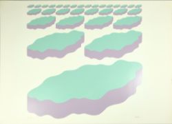 RAETZ Markus "Eisschollen", Blick auf viele Eisschollen oder Wolken, Farbsiebdruck in Türkis und Li