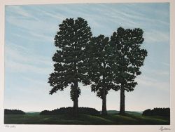 POLITZER Franz (1950 Wien) "Drei Bäume", nebeneinanderstehend, blauer Himmel, Wind kommt auf, Farbr