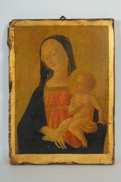 IKONE Madonna mit dem Kinde auf dem Arm, hingebungsvoller liebevoller Blick, Jesus mit Heiligensche