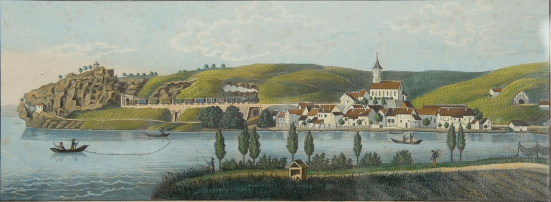 BUTZ A.B. "Panorama von Isenstein", Aquarell, Anfang 19. Jahrhundert, 12x24,5cm, Schriftzug "Verlag