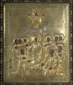 RUSSISCHE IKONE der "Gottesmutter" mit RIZA (vermutlich Messing-vergoldet), Eitempera auf Holz, dar