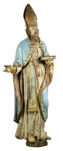 BAROCKE HEILIGENFIGUR, Hl. Martin von Tours, pontifikal gekleidet mit Stab, Buch und erhobener Hand
