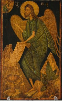 IKONE "Johannes der Täufer", Engel in grünem Gewand mit Schriftrolle in der linken Hand, in einer S