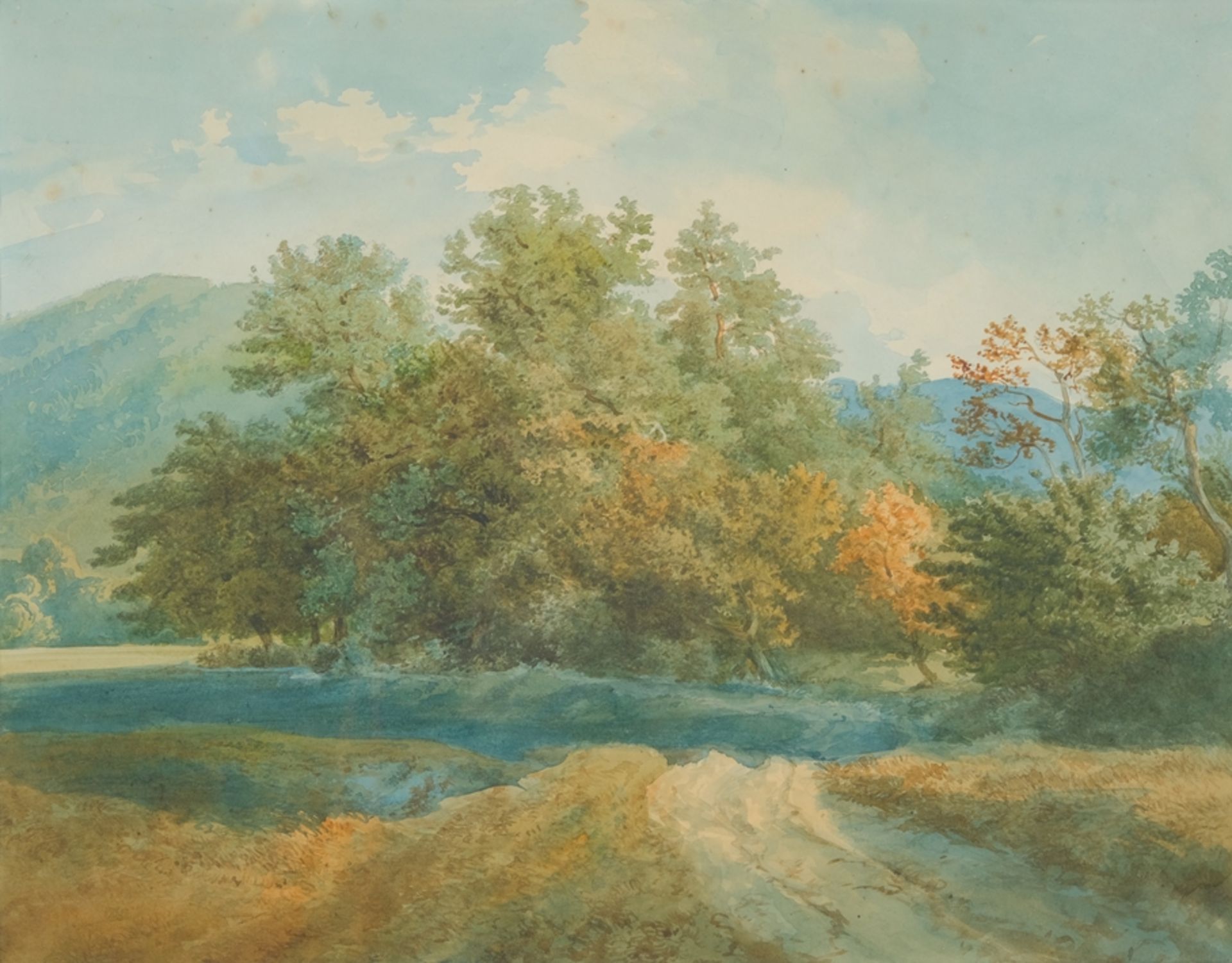 LUGO, Emil (1840 Stockach - 1902 München), "Sommerliche Landschaft", Aquarell über Skizze in Bleist