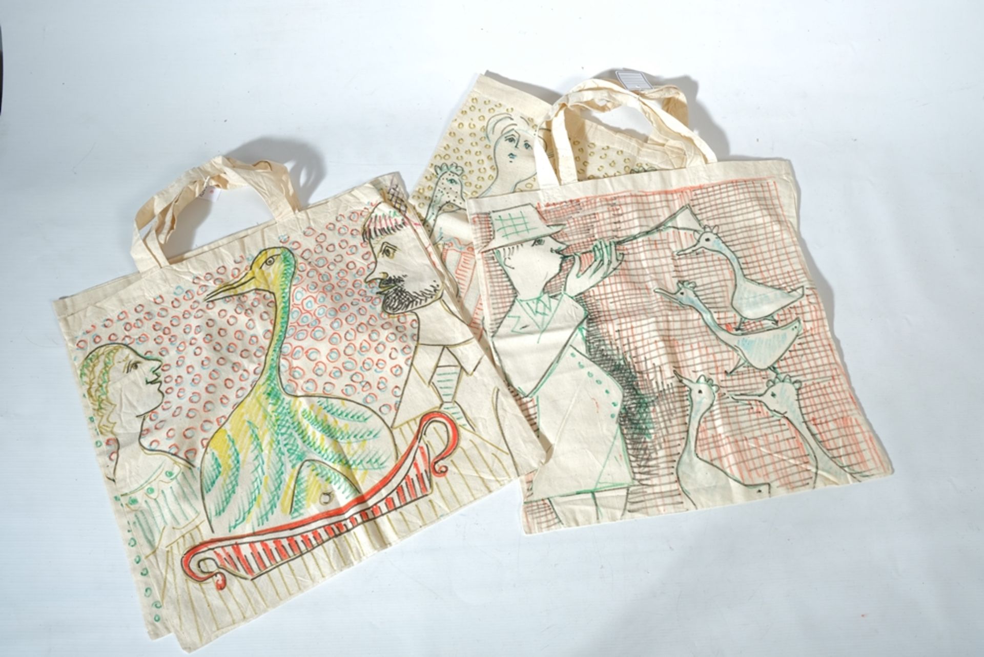 STUCKERT RUDOLF, vier bemalte Stofftaschen, schöne Taschen des Bodenseekünstlers Stuckert mit Gänse