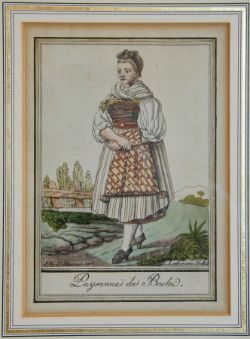 BASLERIN, "Paysanne de Basle", Frau in Tracht mit hochgebundenem Haar, kleiner Landschaftsausblick,