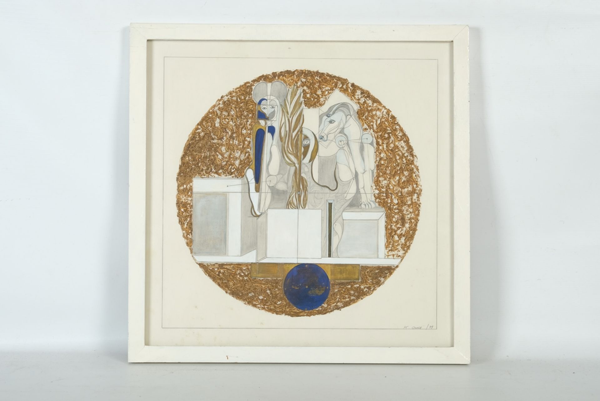 GROSS K., "Surrealistische und geometrische Zeichnung" von Mensch und Pferd, Weiß, Gold und Blau, s - Image 2 of 4