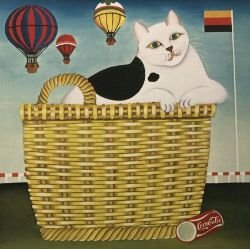 KLOSS Maria (1940 in Ronsperg, Böhmen) "Katze mit Coca-Cola", große weiß-schwarze Katze in einem ge