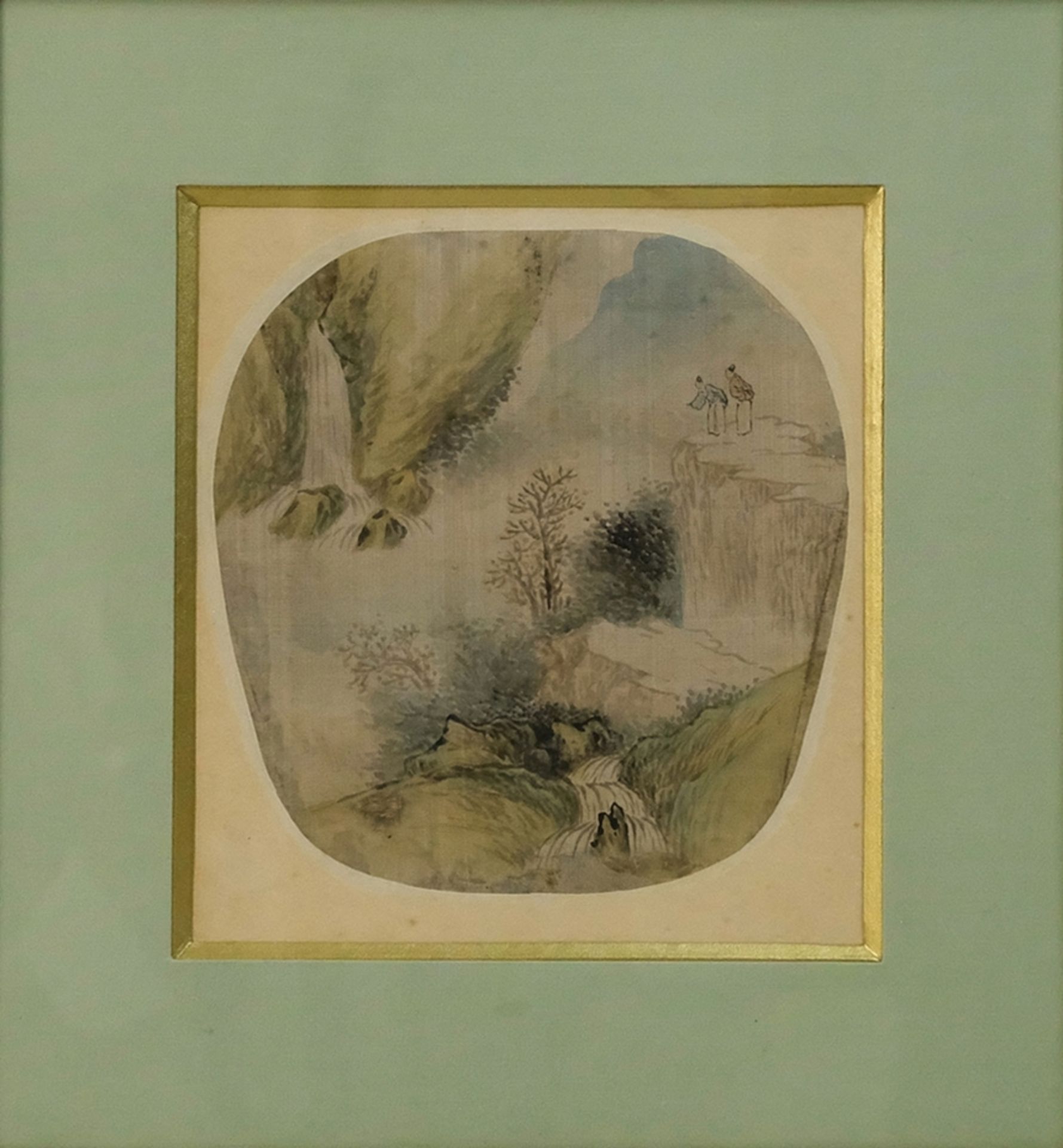 CHINA, 19. Jahrhundert, Entwurf für einen Fächer, Landschaft mit Wasserfall, Aquarell gerahmt in Go