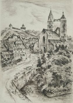 HEIM  "Esslingen" Radierung zeigt die Esslinger Stadtkirche St. Dionys; Ausdrucksstarke und hochgra