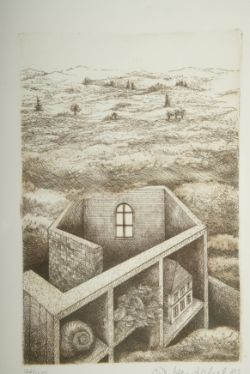 HENTSCHEL Claus D. "Halb-Turm", Radierung, schneckenförmig eingerollter Turm, nach oben offen, ohne