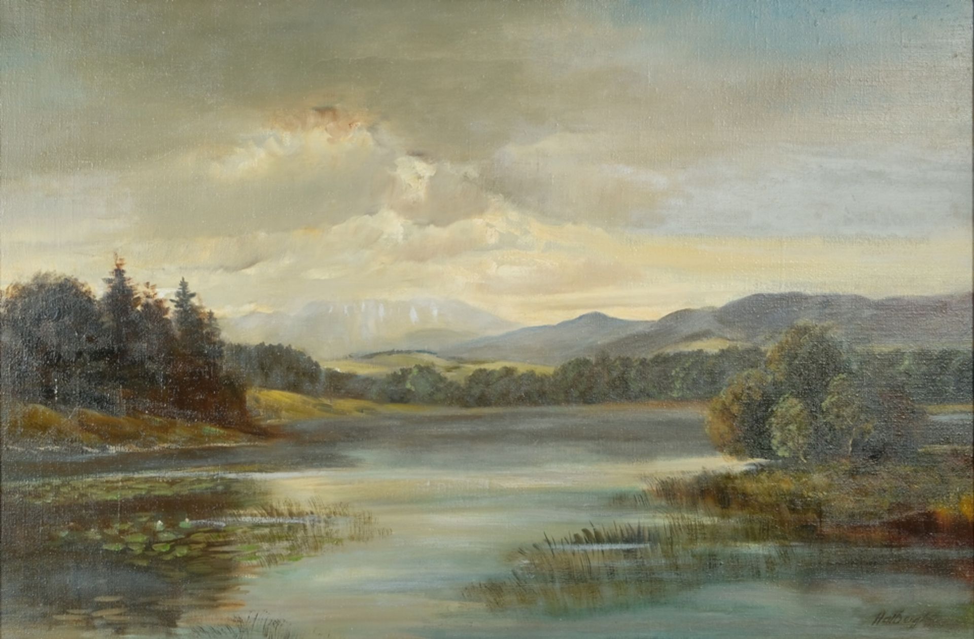 HALBERG "Abendstimmung bei Tölz", Öl auf Leinwand (frühes 20. Jh.), Blick in weite Landschaft, im V