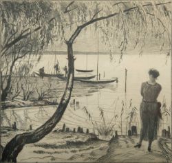 MÜNCH-KEH Willi „Am Abend“, Radierung, Frauenfigur am Ufer beobachtet die zurückkehrenden Segler, u