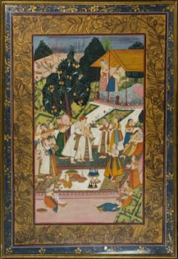INDIEN, Hochzeitsszene am Hofe eines Mogulherrschers, Deckfarben auf Seide, 101x75cm, wohl 19. Jahr