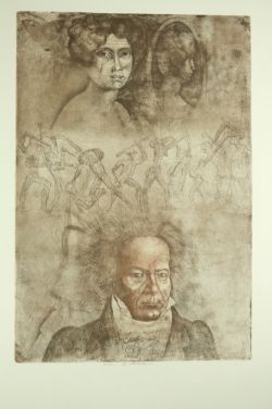 ANDERLE Jiri "Eroica", Portrait von Beethoven, darüber grob skizzierte Menschen, die mit Knüppeln ü