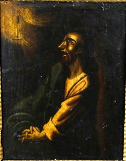 CHRISTUS mit goldenen Lichteffekten, mit schwebenden leuchtendem Kelch, Öl auf Holz gemalt, ca. 17.