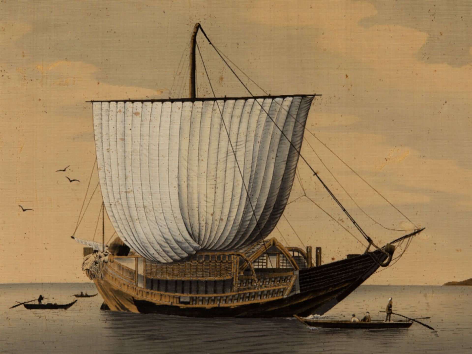 Japanische Dschunke auf dem Meer, Seidenbild, Japan, Meiji Zeit. - Bild 4 aus 8