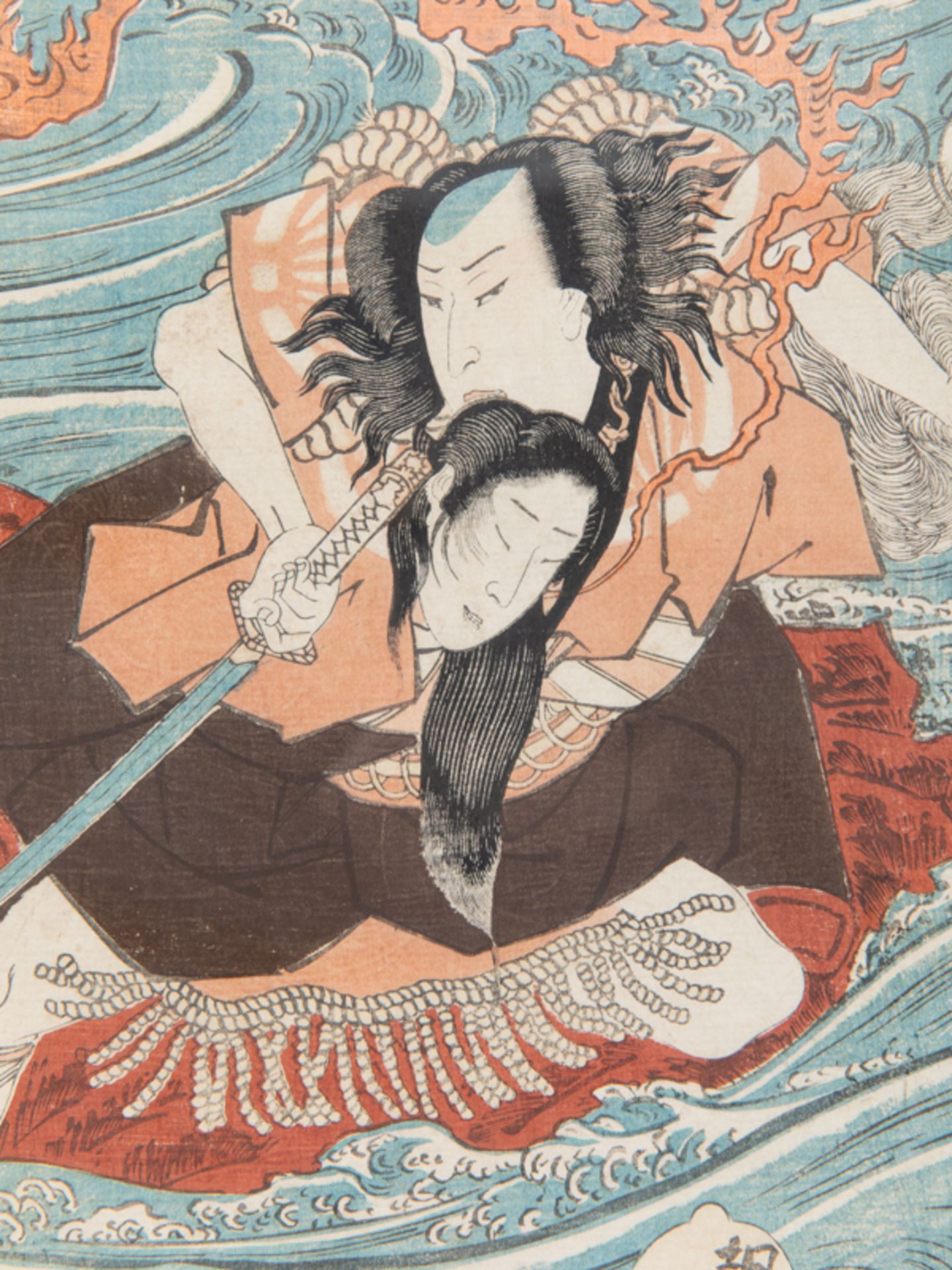 Japanischer Farbholzschnitt "Mythologische Szene - Samurai und Dame im tosenden Meer", 18./19. Jh. - Image 2 of 4