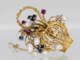 Blütenstraußbrosche mit Saphiren, Rubinen, Perlen und kleinen Achtkant-Diamanten, Juwelierarbeit, 70
