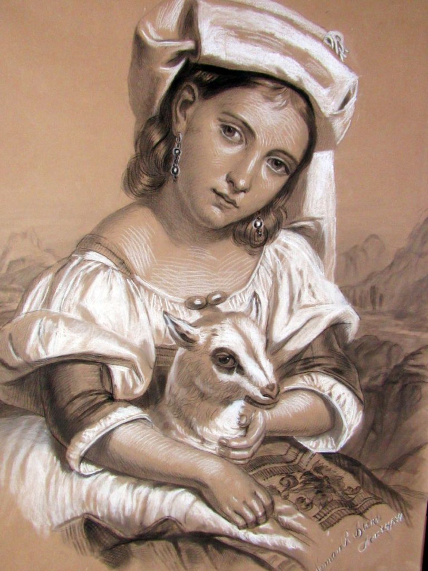 Zeichnung Pastell Mädchen mit Lamm