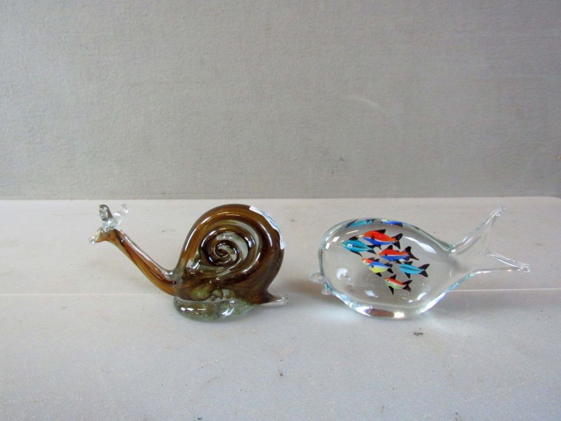 Zwei Glasskulpturen Vintage Fisch und