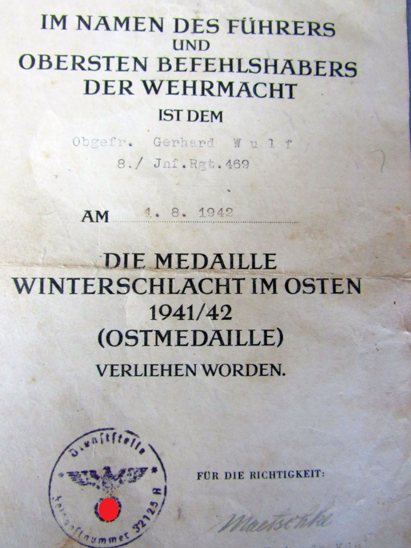 Orden 2.WK Ostmedaille mit Urkunde am - Image 9 of 10