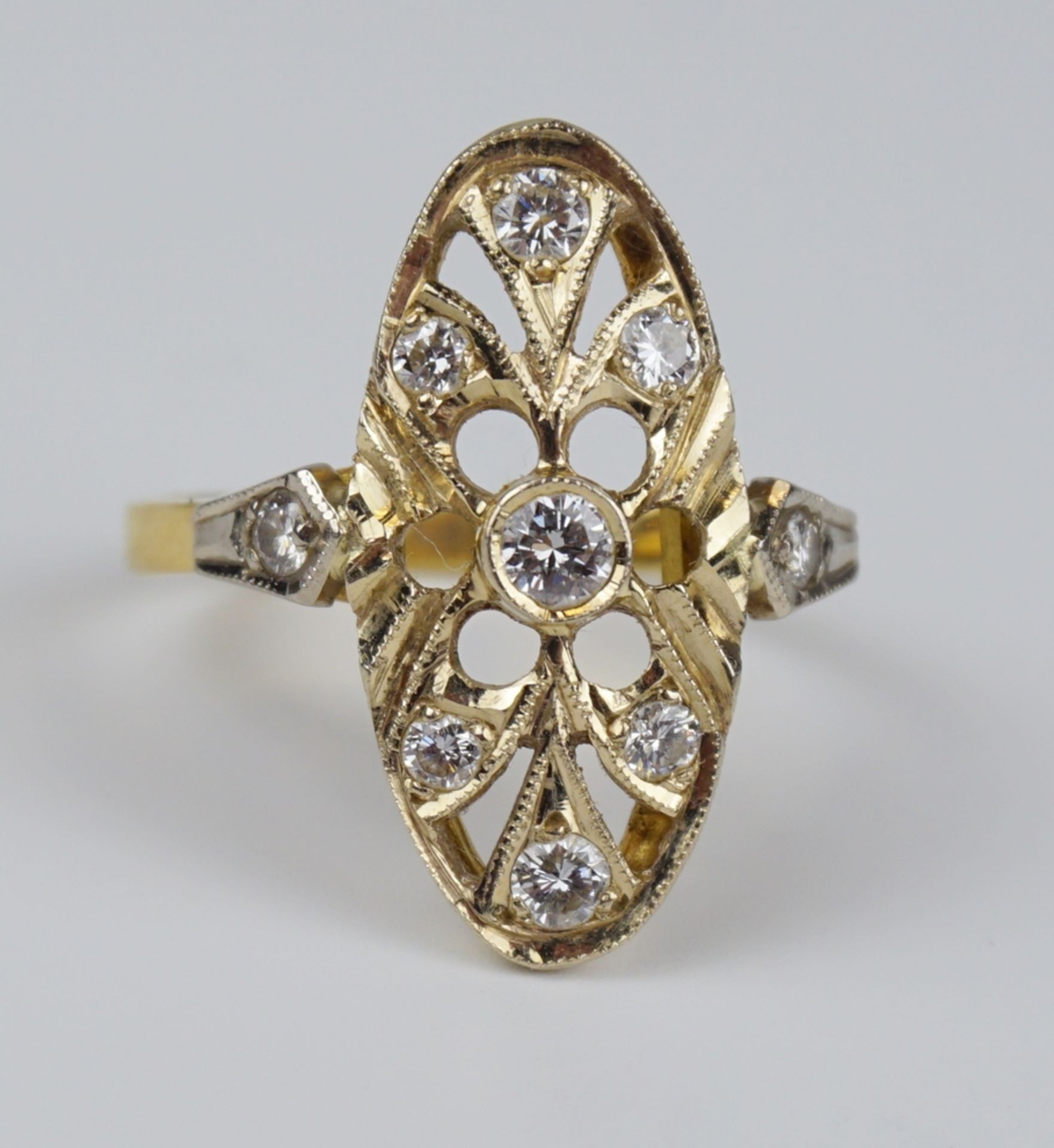 Ring mit 9 Diamant-Brillanten, 750er Gelbgold, im Art-Déco-Stil, Gew.4,37g