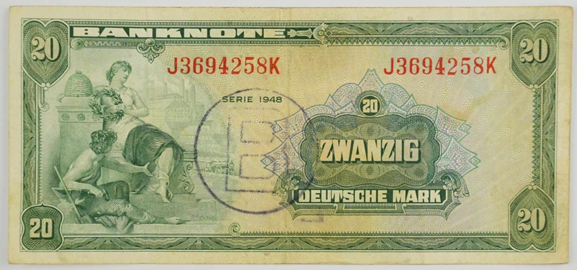 20 DM Schein 1948, Ausgabe für Berlin mit "B" Stempel