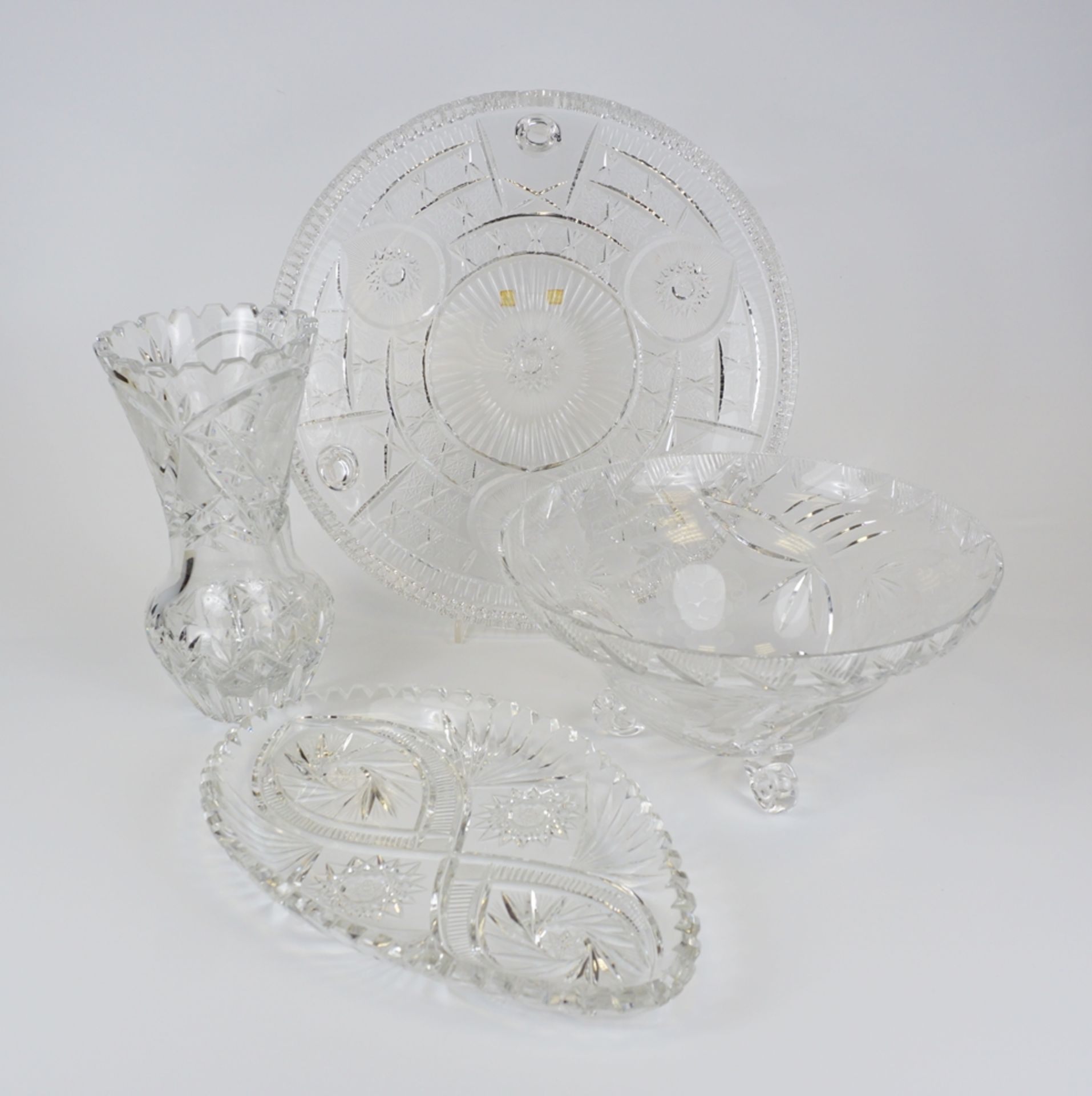 Konvolut Kristall: Tortenplatte, tropfenförmige Platte, Schüssel und Vase