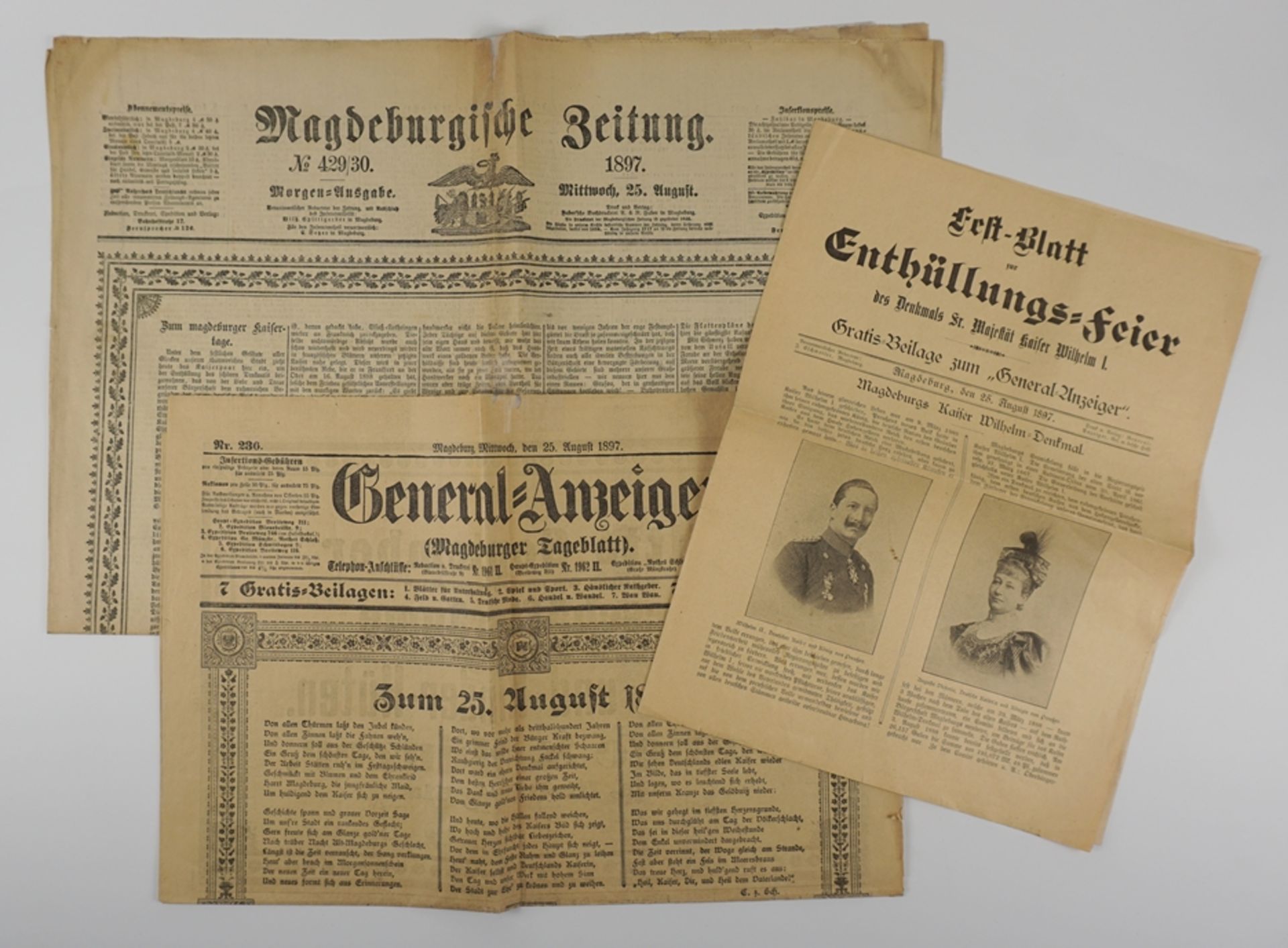 2 Zeitungen und 1 Beilage zur Einweihung des Kaiser-Wilhelm-Denkmals, Magdeburg, 25.August 1897
