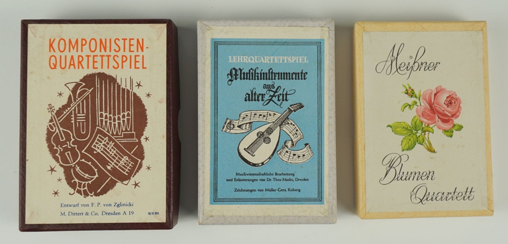 3 Lehr-Quartettspiele über Musik und Meißner Blumenmalerei, DDR, 1950er/1960er Jahre; vollständig,