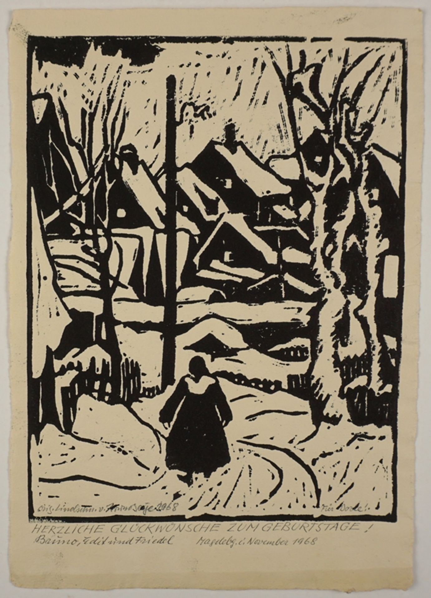 Bruno Beye (1895 - 1976, Magdeburg), "Harzdorf", 1968, Linolschnitt